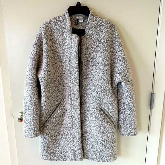 H&M 2 Melange Mid length Teddy Coat in Boucle Yarn Grey - Picture 5 of 10